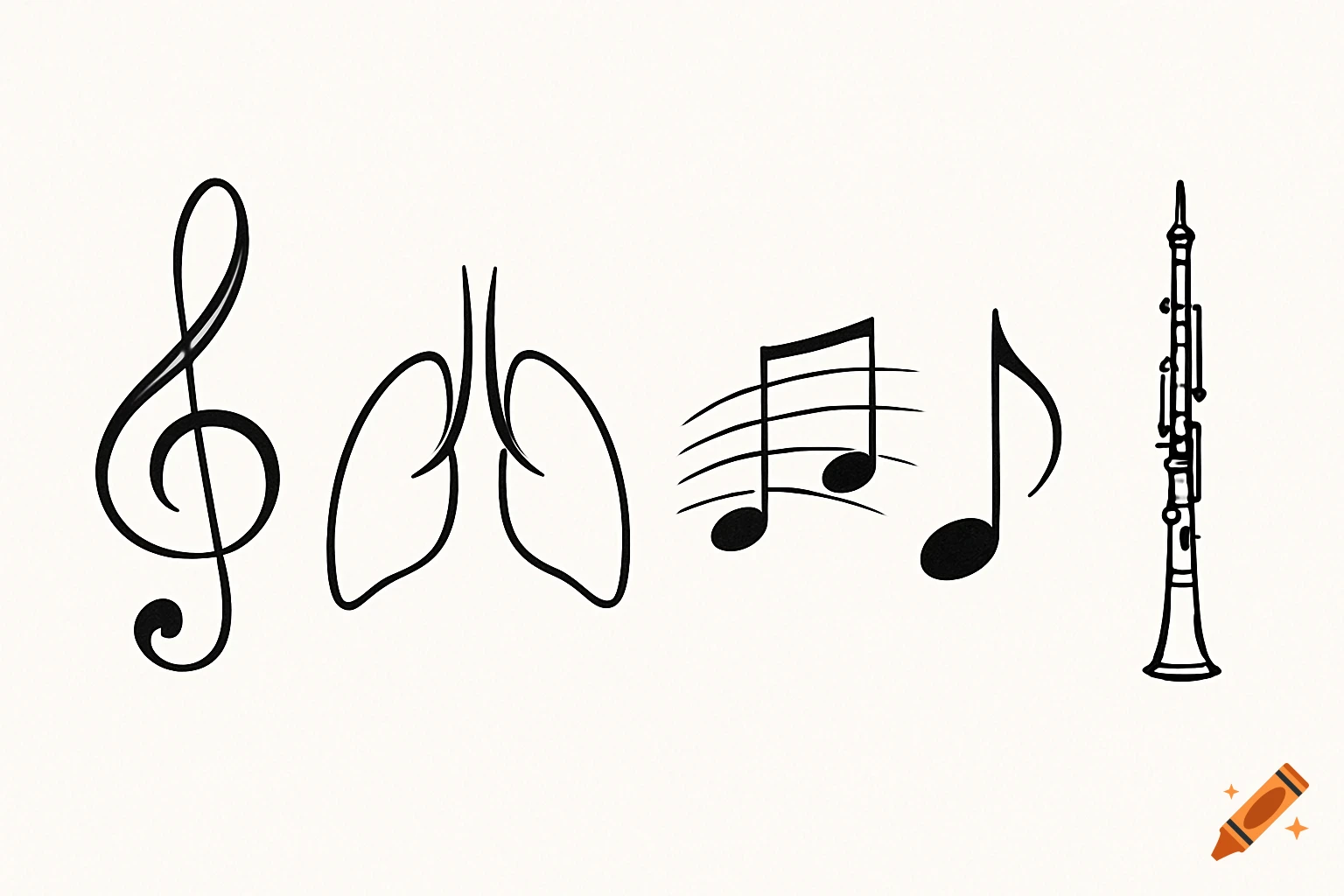 Minimalist black line art of a treble clef, lungs, musical notes, and an oboe on a white background.