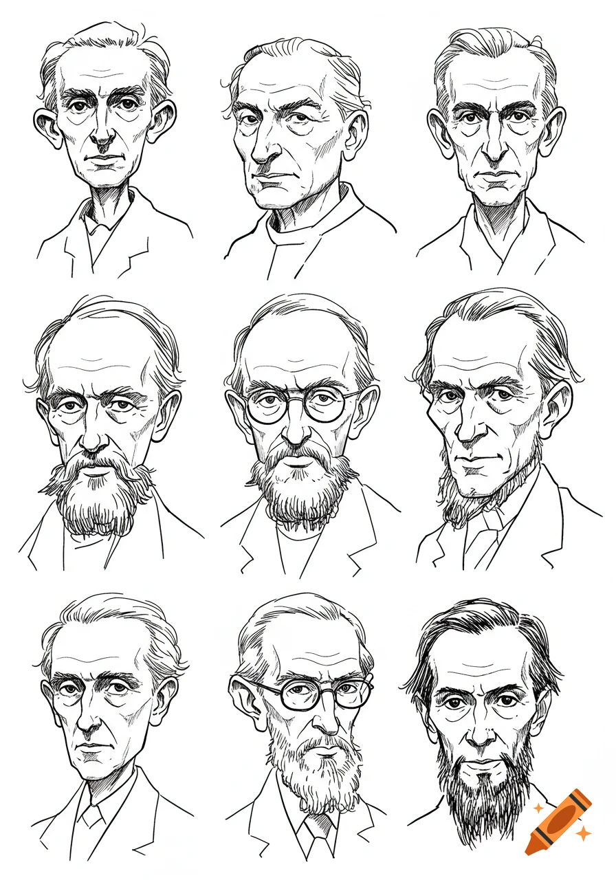 Nine black and white line-art caricatures of men's faces and torsos, showing different facial expressions and styles of beards.