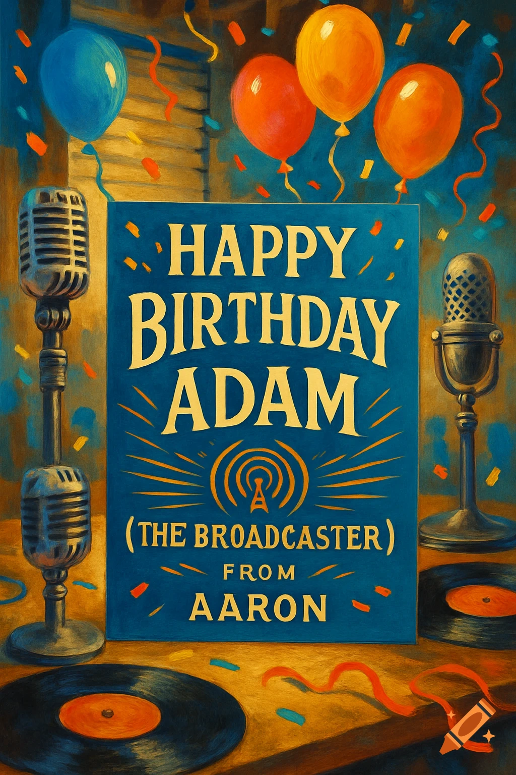 A stylized birthday card in blue for 'Adam the Broadcaster' from 'Aaron', featuring vintage microphones, balloons, confetti, and vinyl records.
