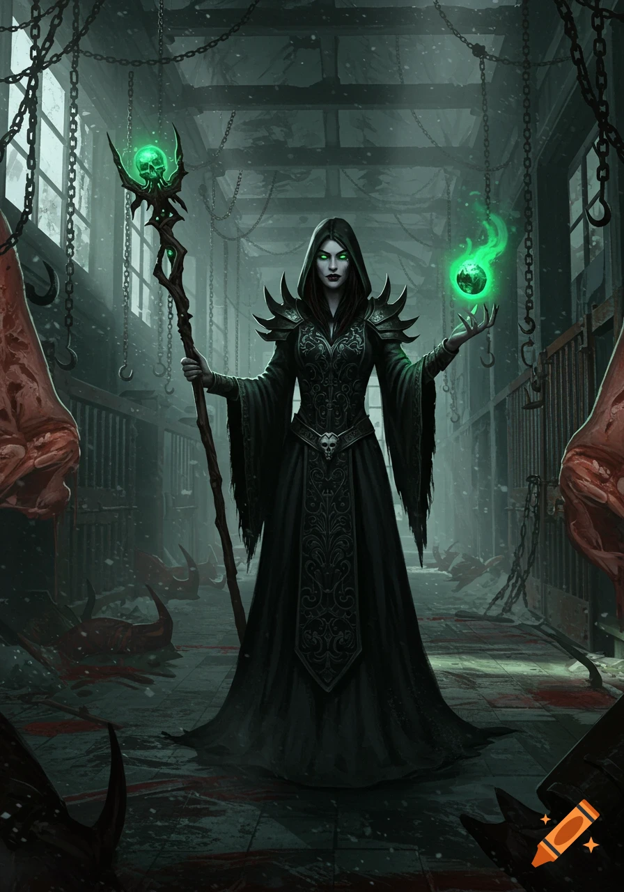 A female necromancer in black robes with a glowing staff and green orb stands in a bloody abattoir.