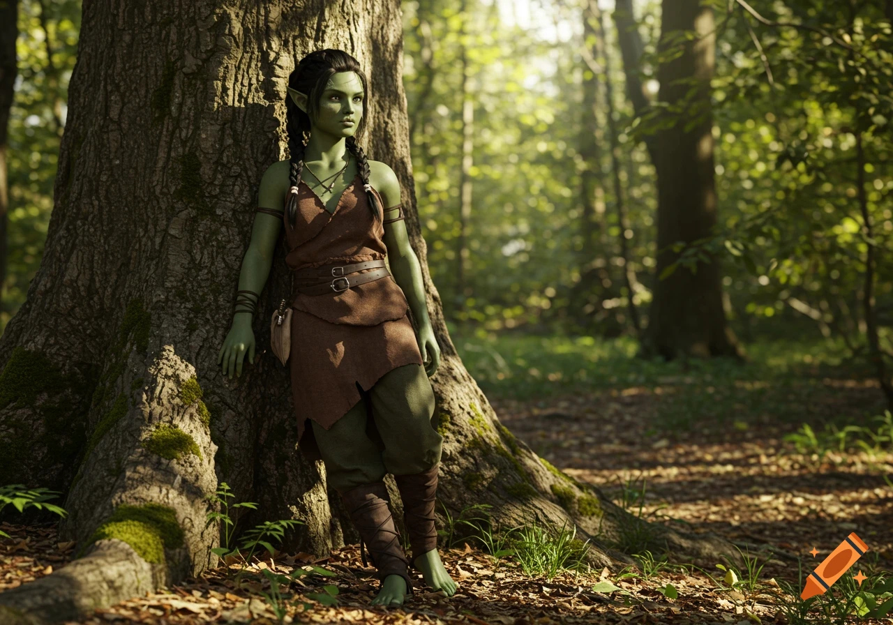 Photorealistic half-orc woman with green skin and braided hair, wearing rustic clothes, leaning against a tree in a sun-dappled forest.