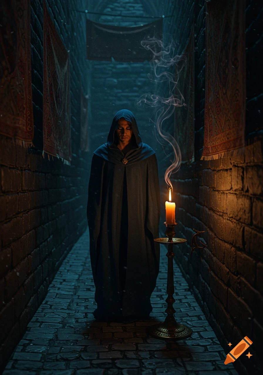 A hooded figure stands in a dark, narrow alley, lit by a single candle on a stand.