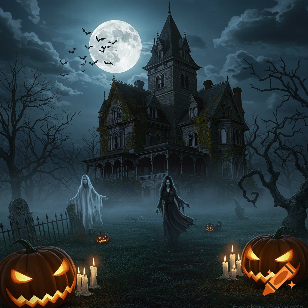 A gothic haunted mansion on a foggy Halloween night with two ghostly figures, glowing jack-o'-lanterns, and bats.