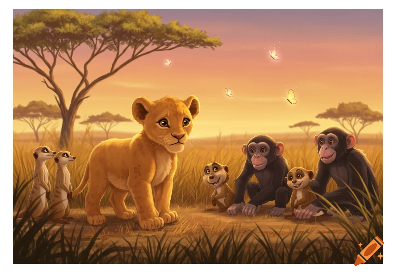 Cartoon of a lion cub with meerkat and chimpanzee friends in a savanna at sunset with butterflies.