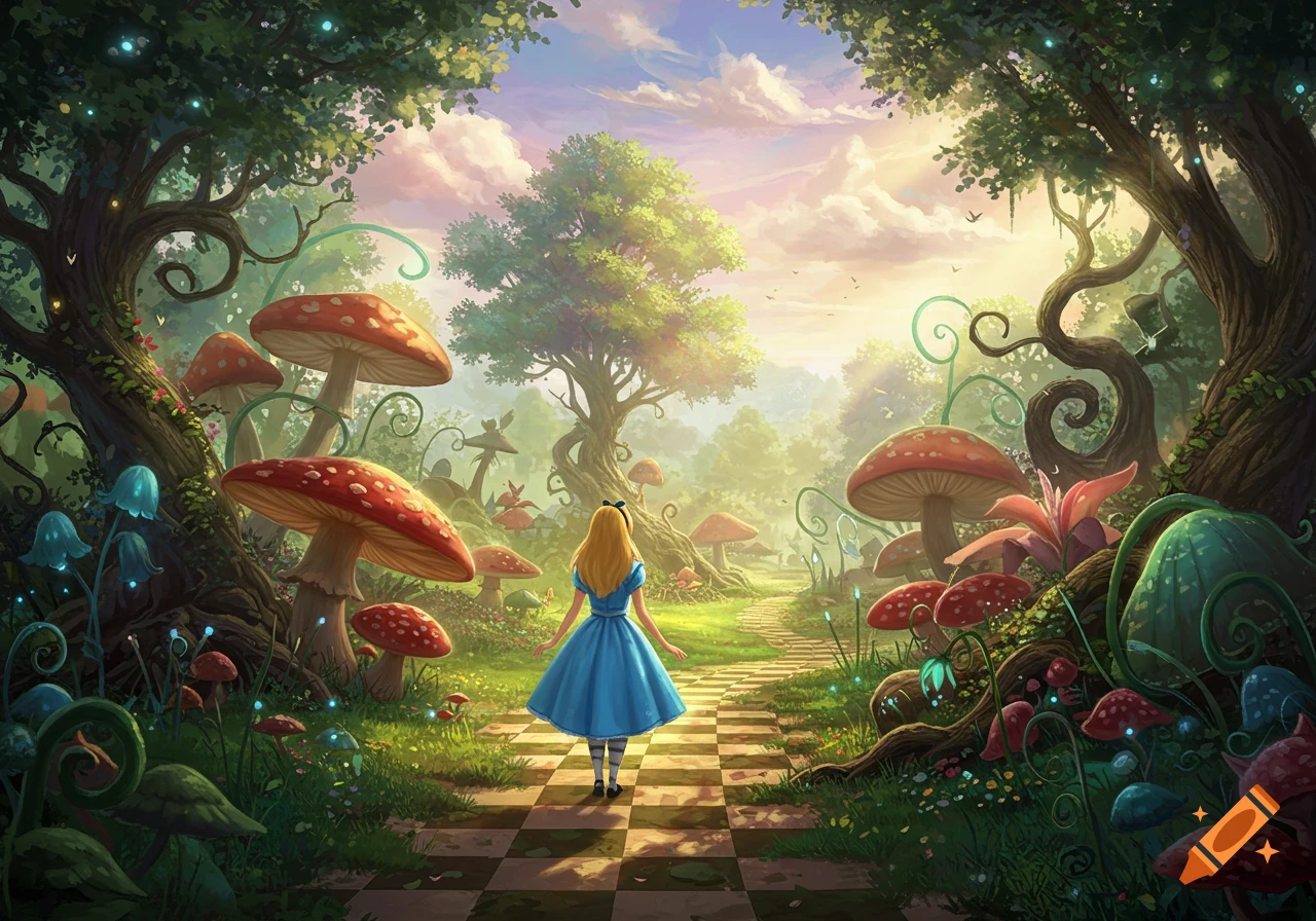Alice in a blue dress walks on a checkerboard path through a magical fantasy forest with giant red mushrooms and glowing plants.