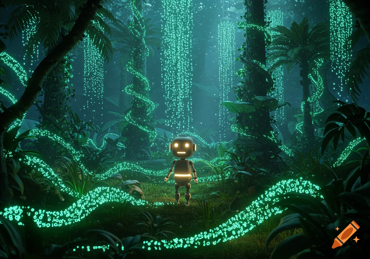 A cute robot in a vibrant, glowing green data jungle, with digital trails wrapping around trees in a 3D illustration.