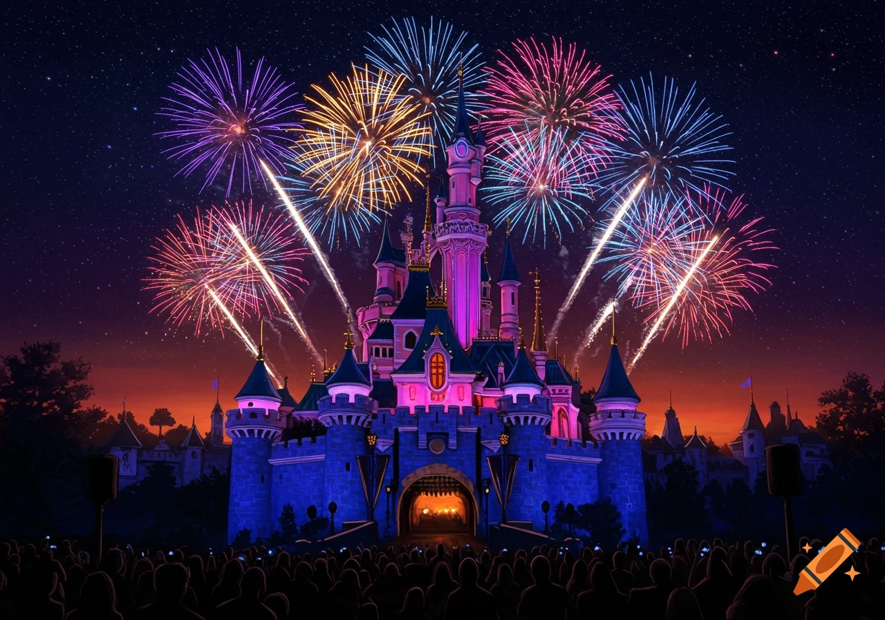 A vibrant fantasy castle glows with neon lights as colorful fireworks burst above a silhouetted crowd at night.