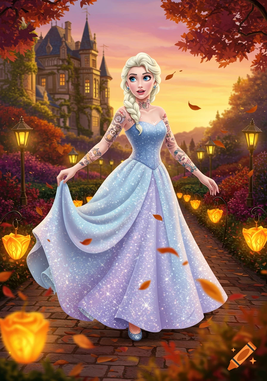 Elsa from Frozen, with tattoos on her arms and neck, walks on an autumnal path near a castle, wearing a sparkling blue ballgown.