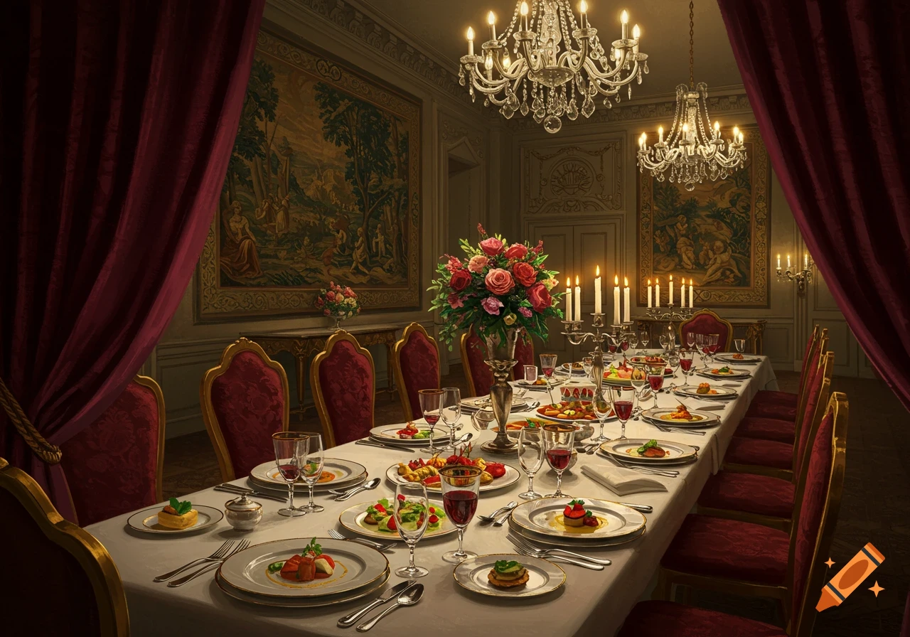 A lavish dinner table set with fine china, crystal, and candles in a grand, chandelier-lit dining room with tapestries and red velvet curtains.