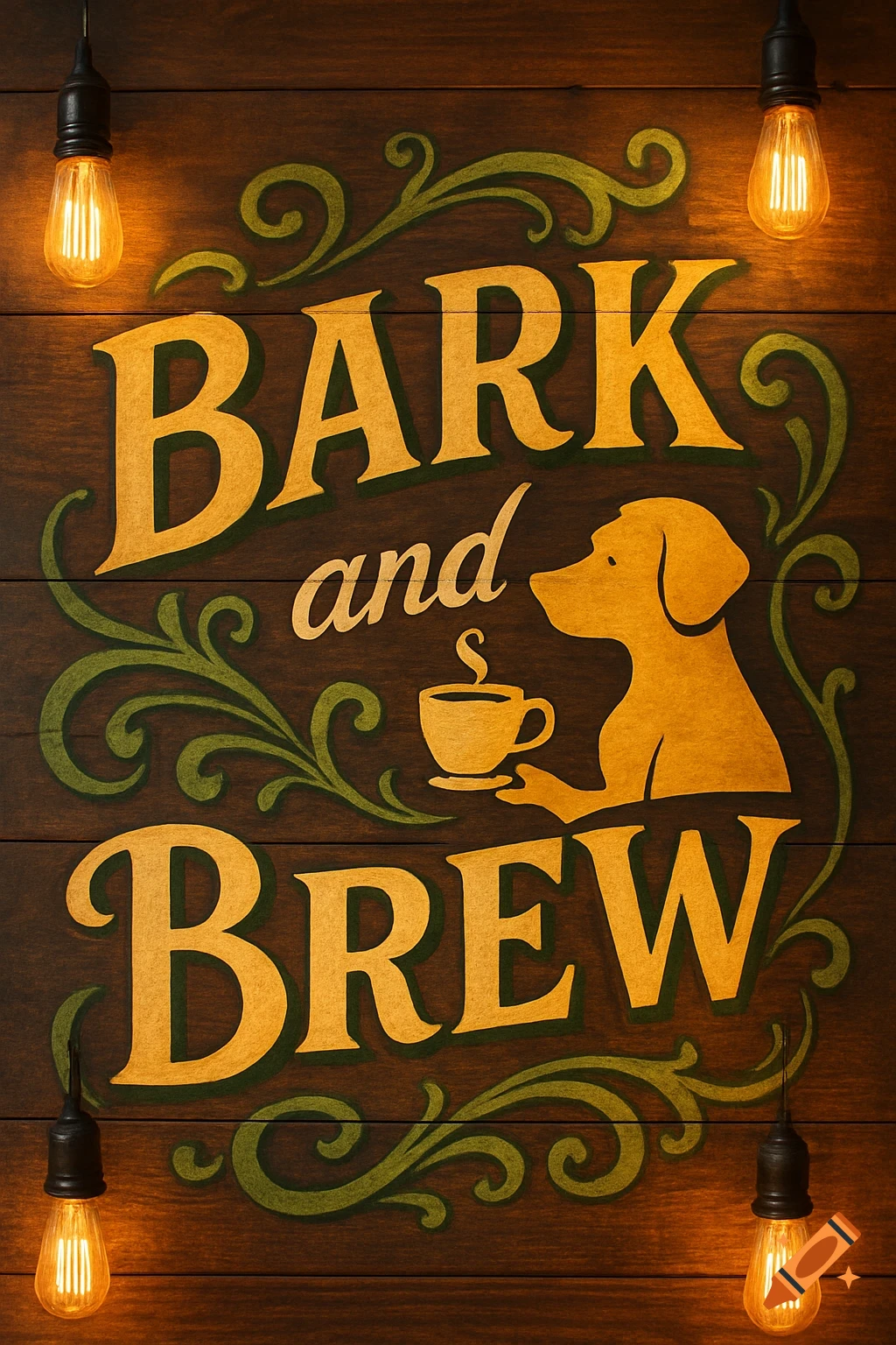 Rustic wooden sign for 'BARK and BREW' with a dog holding a coffee cup, green vines, and Edison bulbs.
