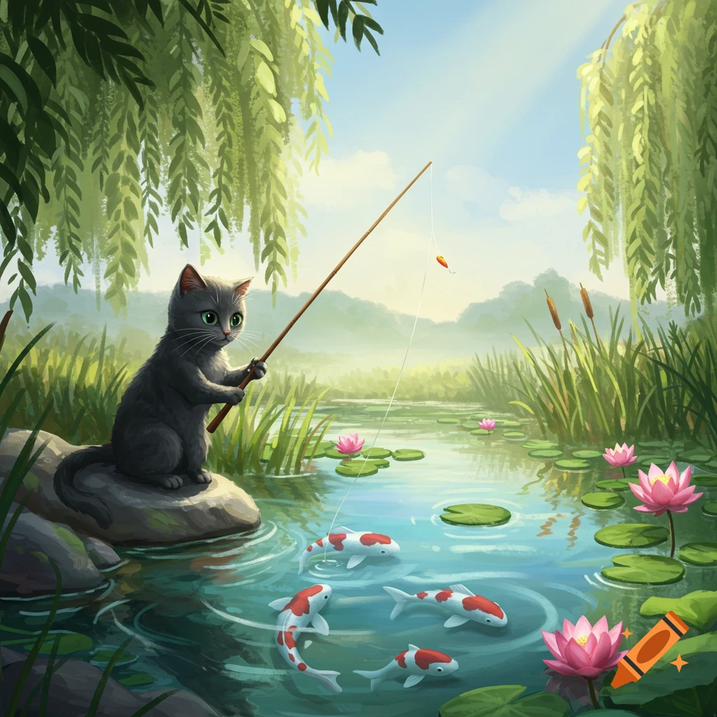 A cartoon grey cat sits on a rock by a pond, fishing with a rod. Pink water lilies and koi fish are in the clear water under willow trees.