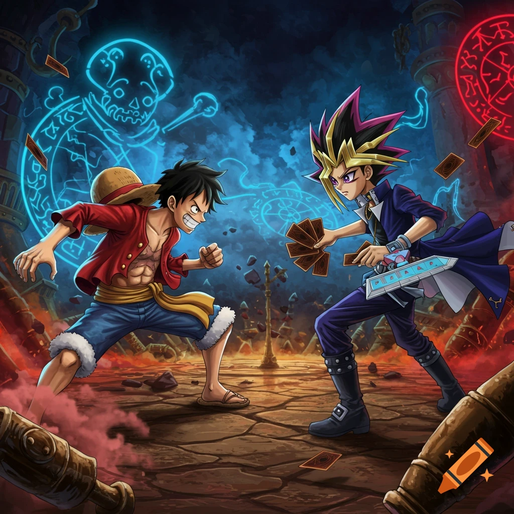 Luffy from One Piece and Yugi Muto from Yu-Gi-Oh! face off in an anime-style magical arena with glowing runes.