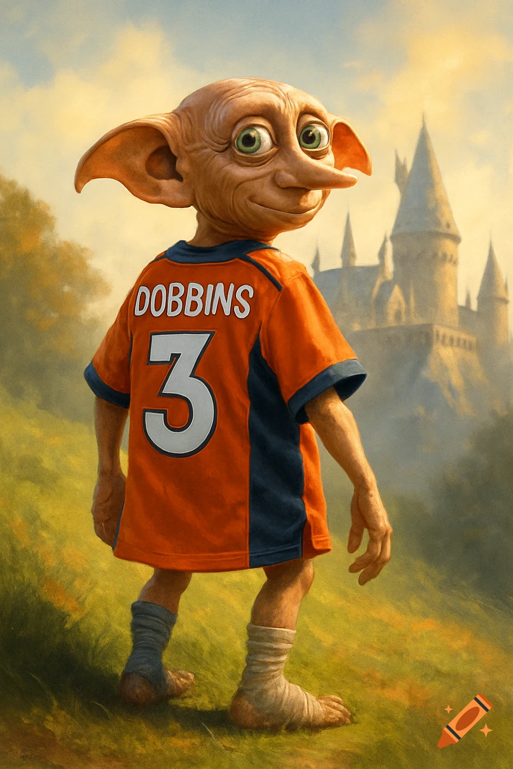 Dobby from Harry Potter wears an orange and blue football jersey with "DOBBINS" and "3" on the back, standing in a field with a castle.