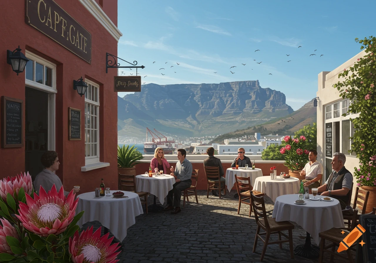 A cafe terrace overlooks Cape Town and Table Mountain. People are seated at outdoor tables, enjoying the sunny view.