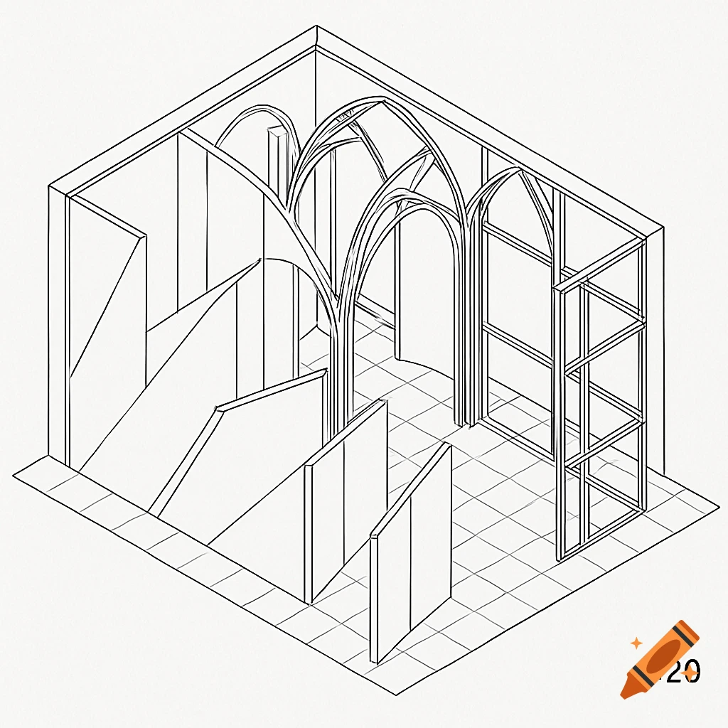 Black and white axonometric architectural line drawing of an abstract model with gothic vaults and panels, scaled 1:20.