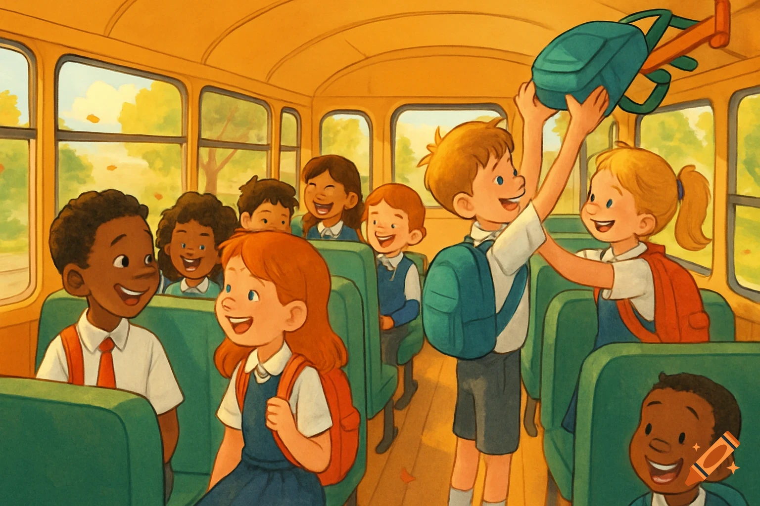 Smiling cartoon children on a school bus, one boy putting a backpack on a rack.