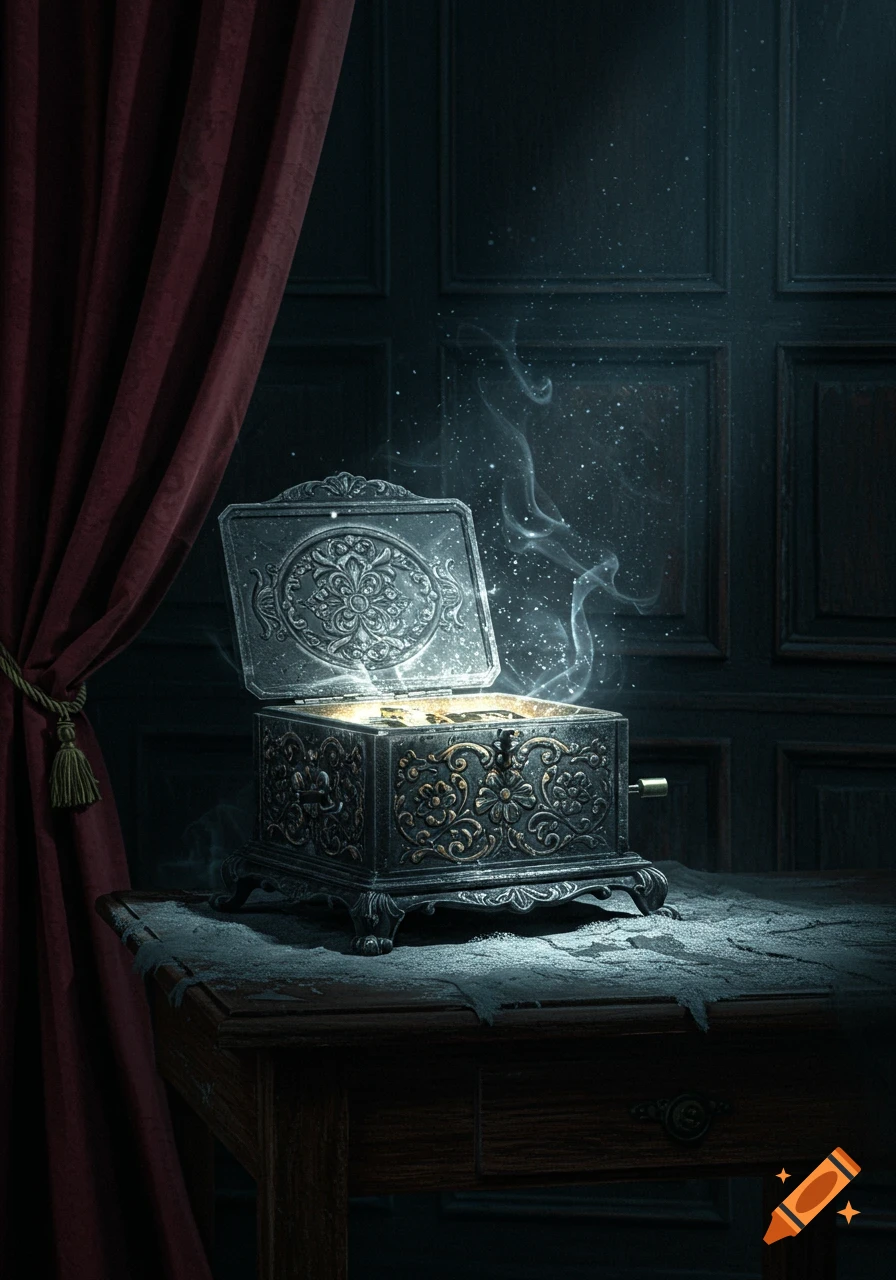 An ornate, antique music box glows with magical light and smoke on a dusty table in a dark, atmospheric room.