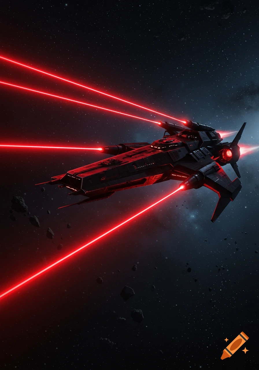 A black spaceship fires red lasers while flying through dark space with scattered asteroids and stars.