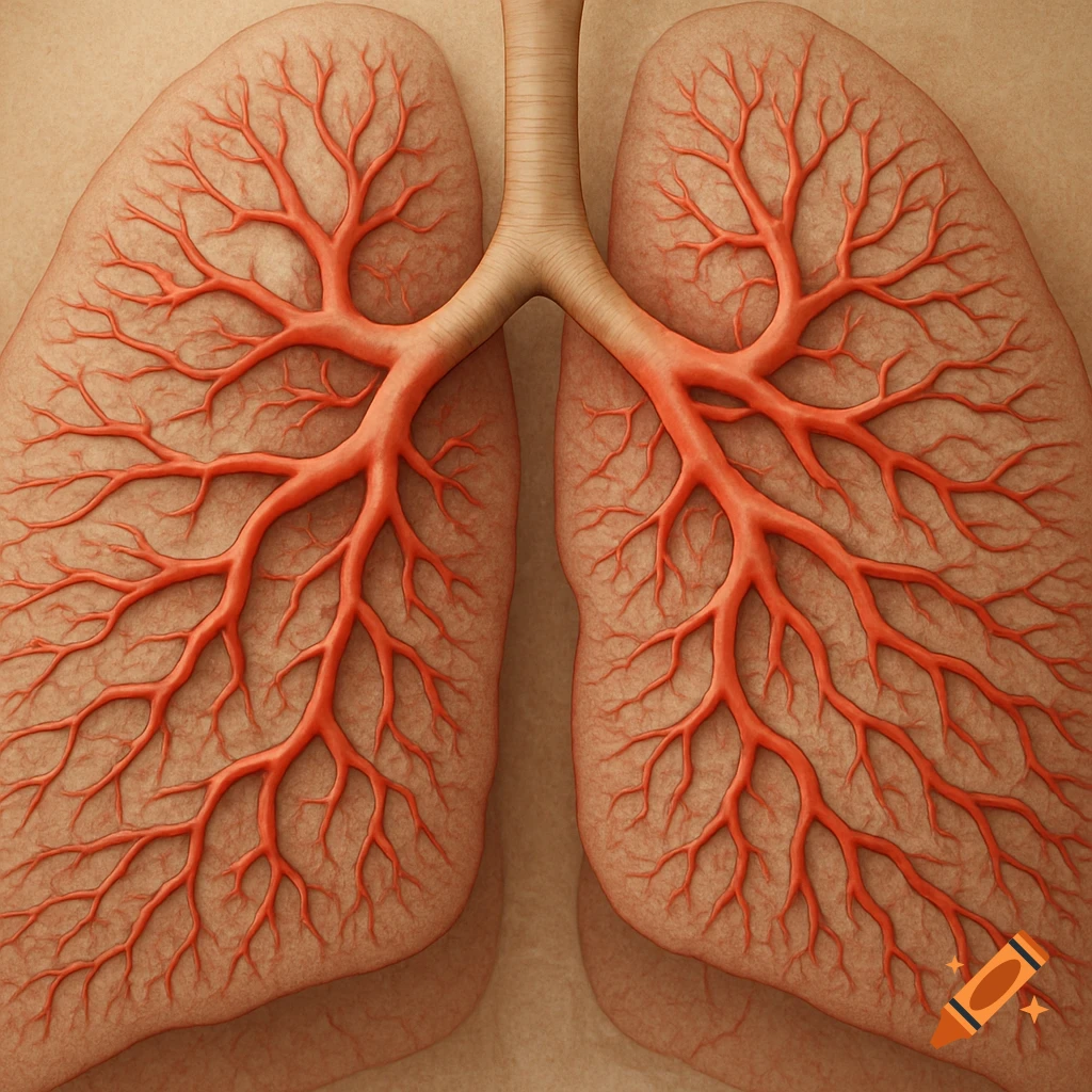 Detailed illustration of human lungs with their branching arterial system.