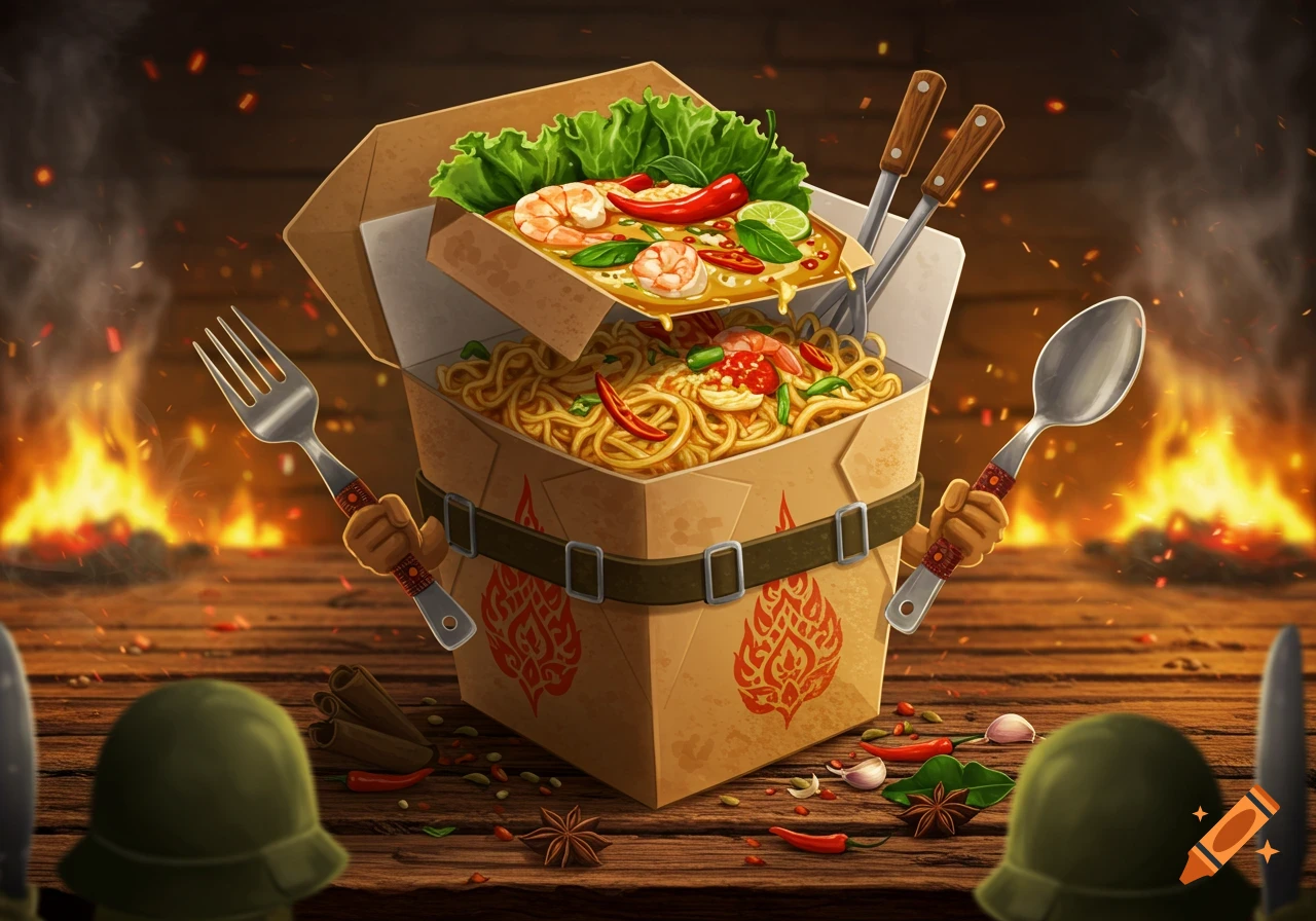 Cartoon Thai noodle box soldier holding a fork and spoon, with food and fire in the background, illustrated.