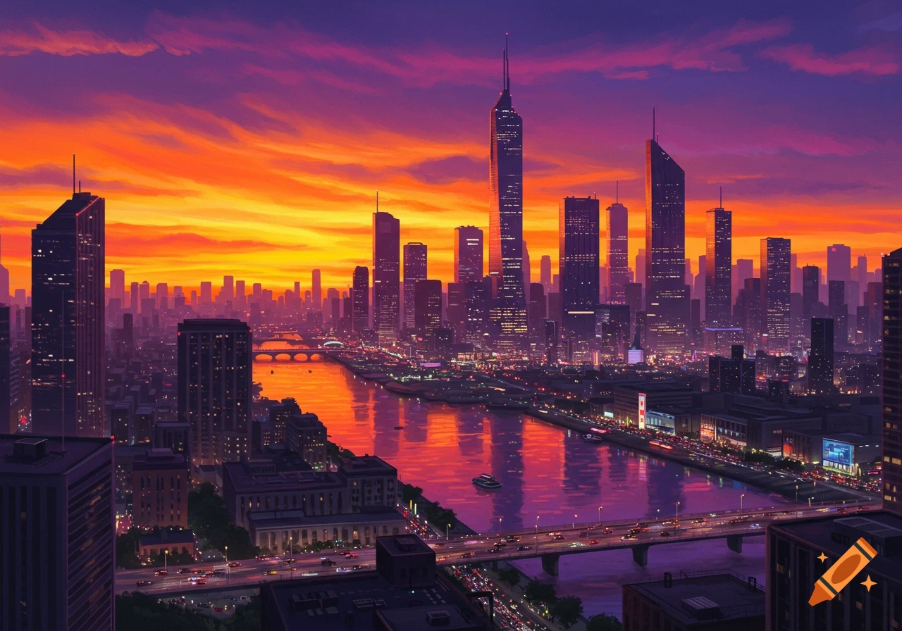 Vibrant cityscape at sunset with tall skyscrapers reflecting in a wide river, in a digital art style.