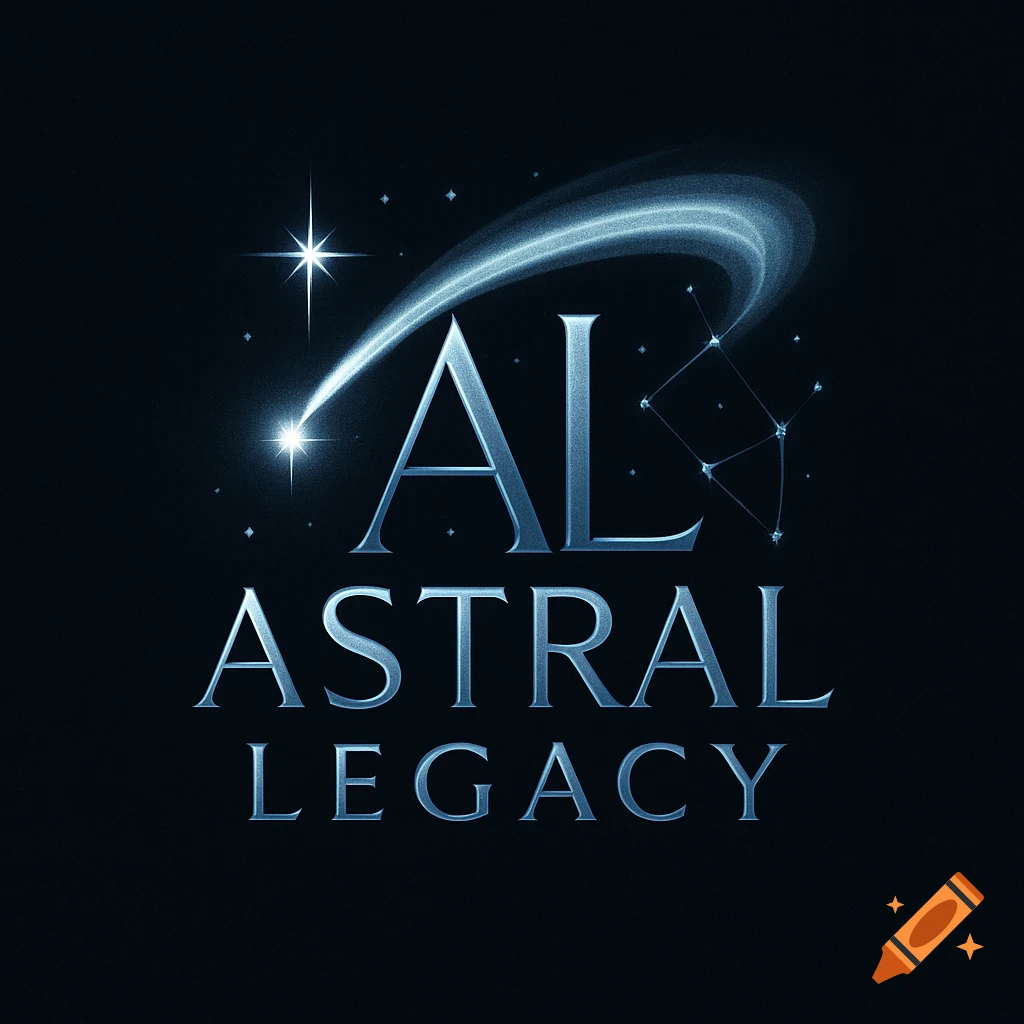 Blue metallic text 'AL ASTRAL LEGACY' on a dark starry background with a glowing comet and constellation.