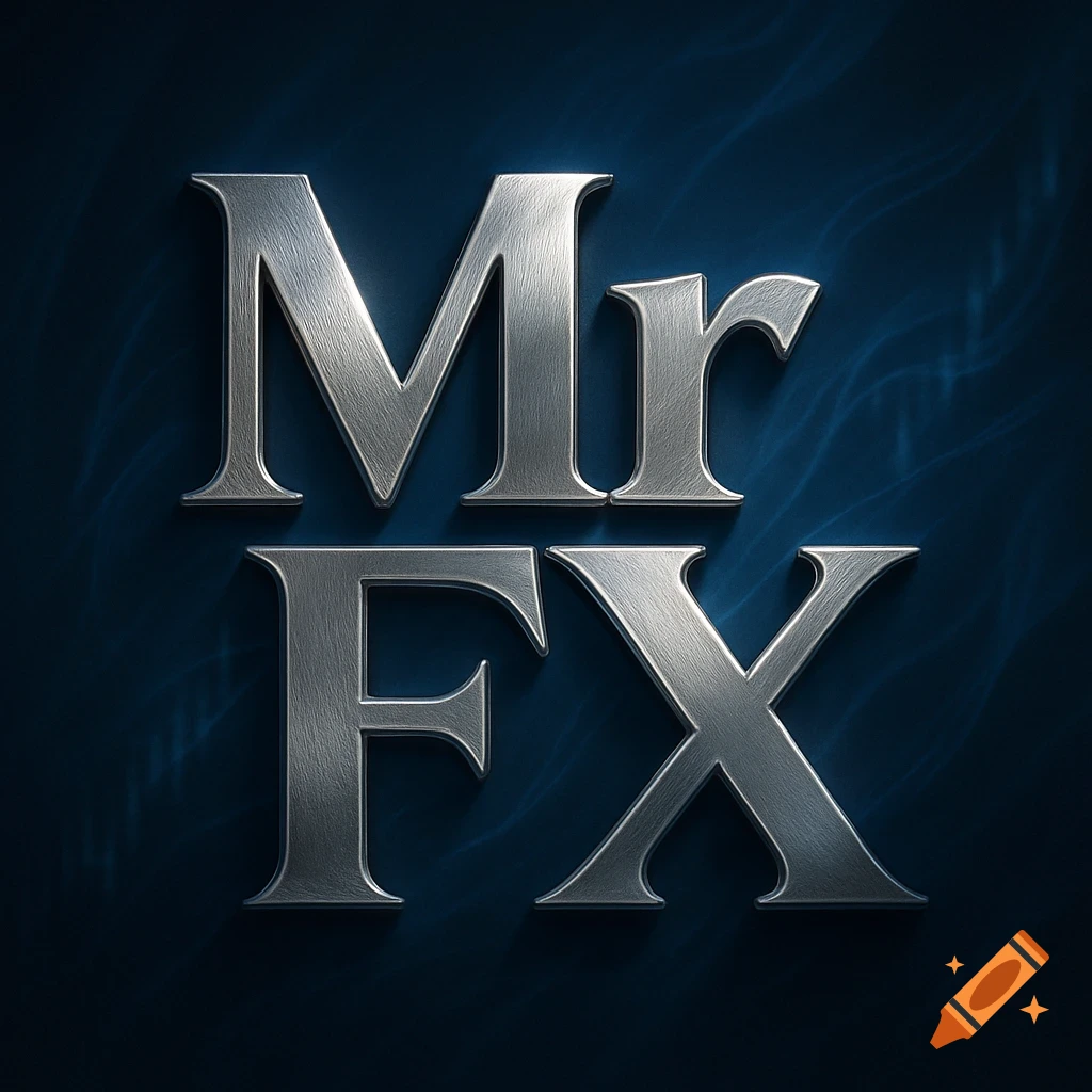 Silver metallic 3D text 'Mr FX' on a dark blue textured background.