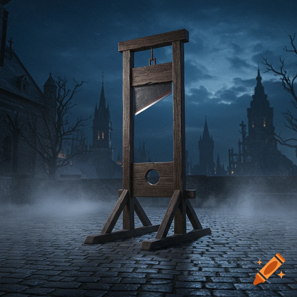 A guillotine stands on a cobblestone street at night, with a misty, gothic city in the background under a cloudy sky.