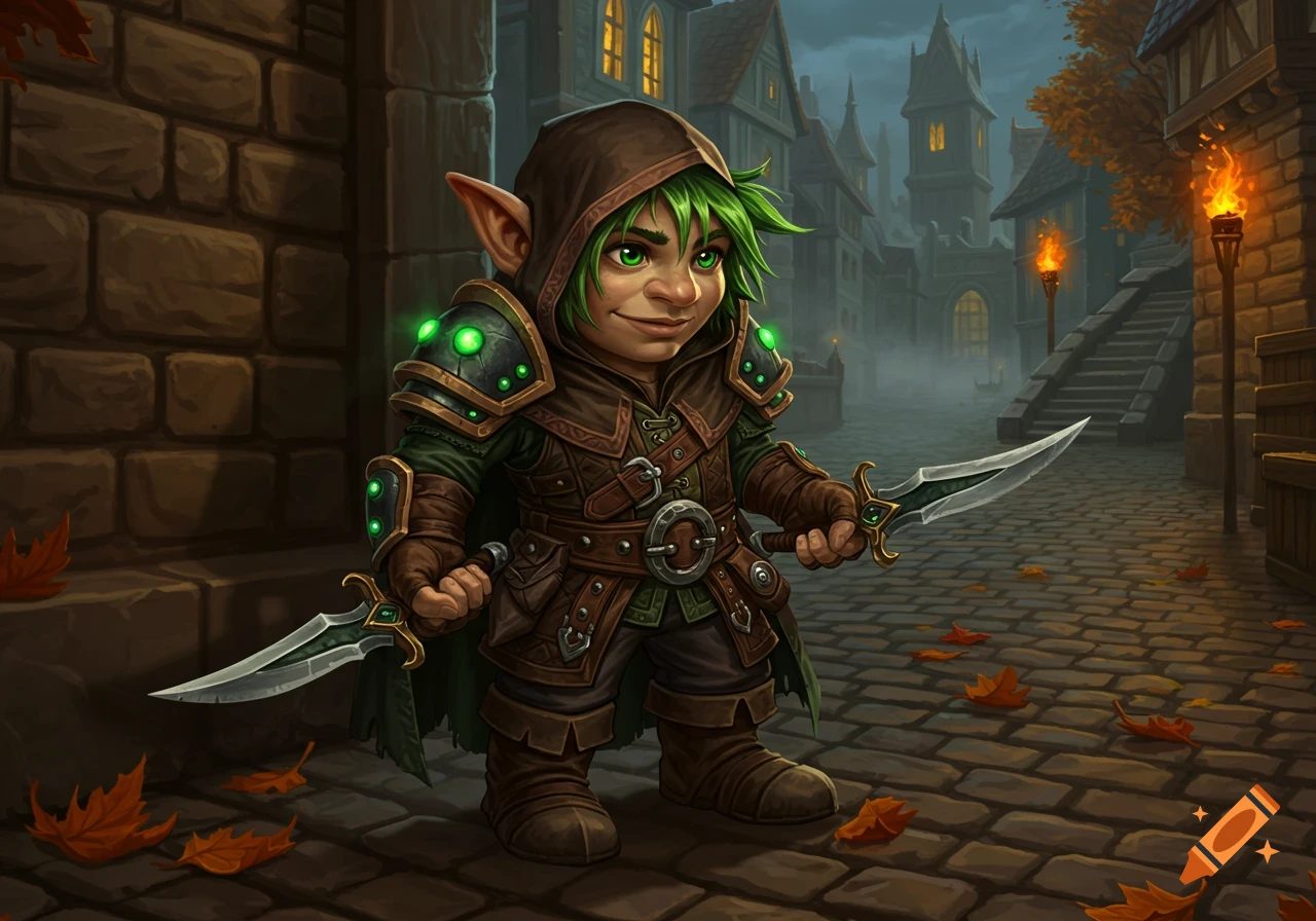 A stylized gnome rogue with green hair, a hood, and armor, holding two daggers in a dark medieval alley.