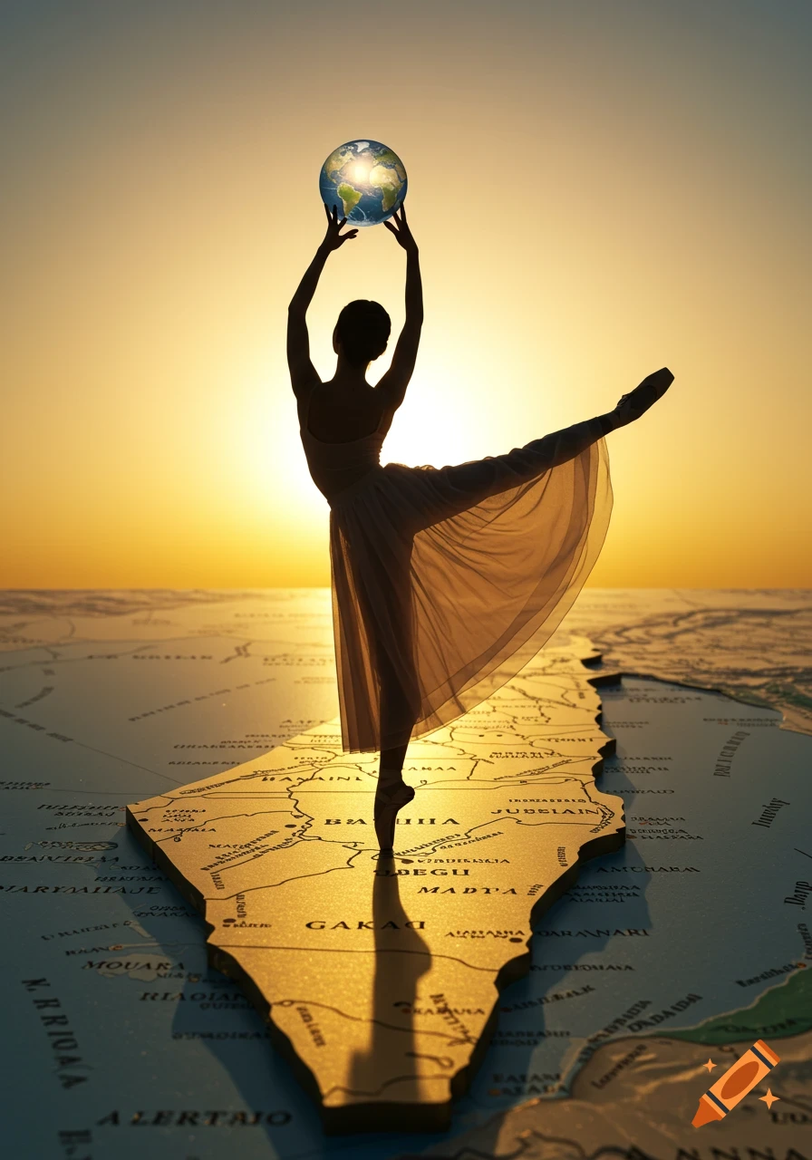 A silhouetted ballerina balances en pointe on a map, holding a glowing globe against a sunset sky.