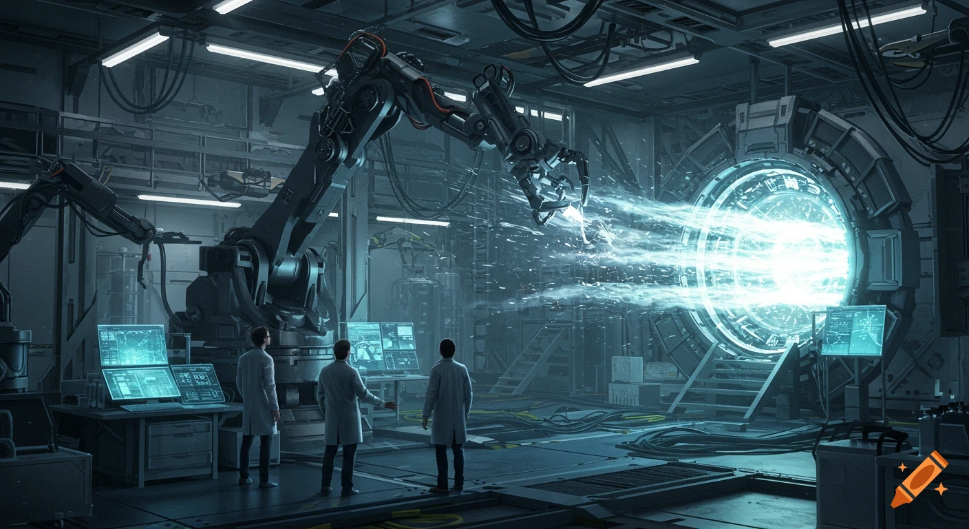 Scientists in a futuristic lab observe a robotic arm reaching into a glowing portal.
