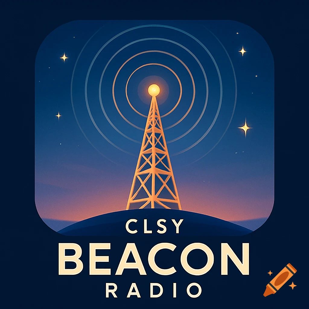 A stylized logo featuring a radio tower emitting waves against a starry night sky, with 'CLSY BEACON RADIO' text.