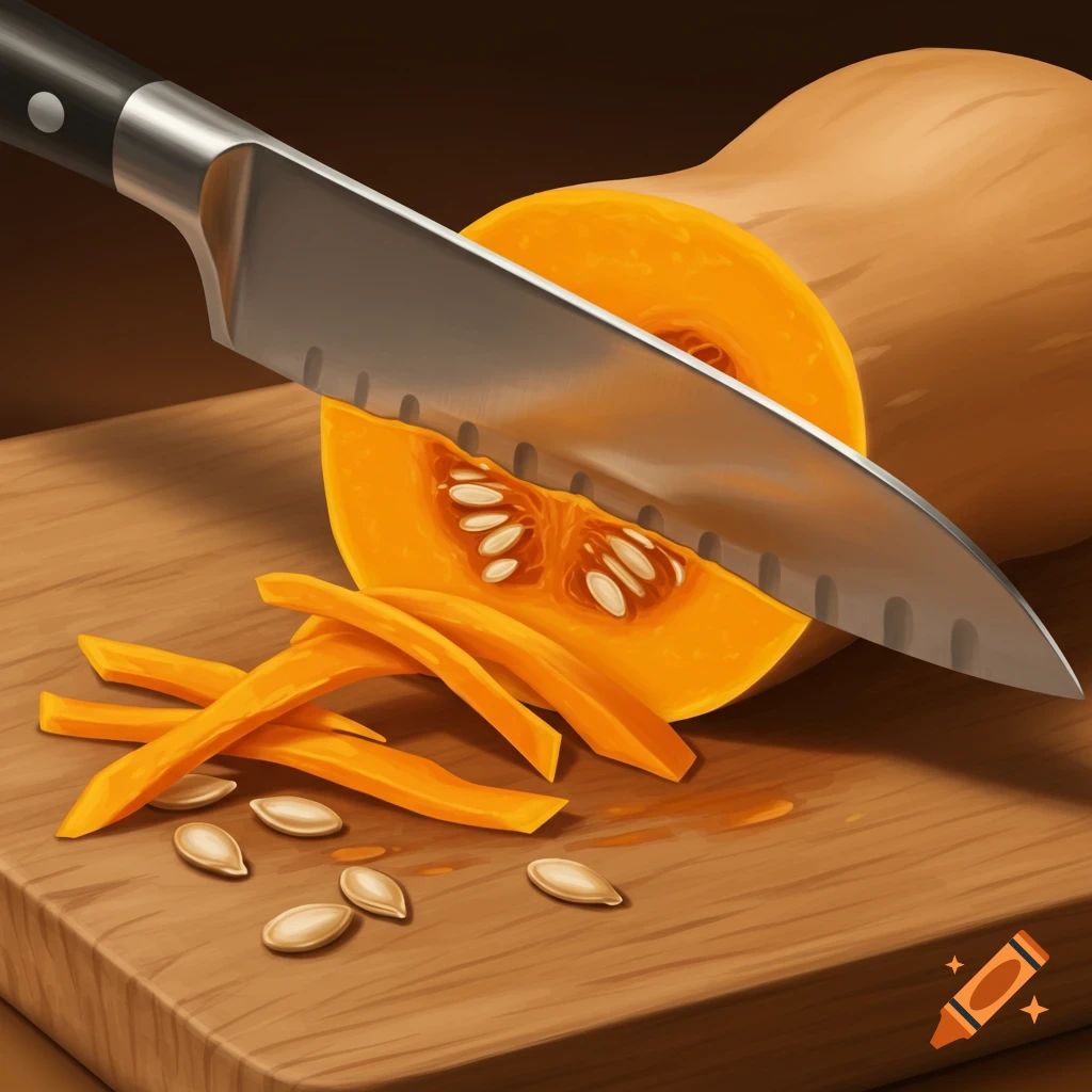 An illustration of a knife slicing a butternut squash on a wooden cutting board, with cut pieces and seeds.