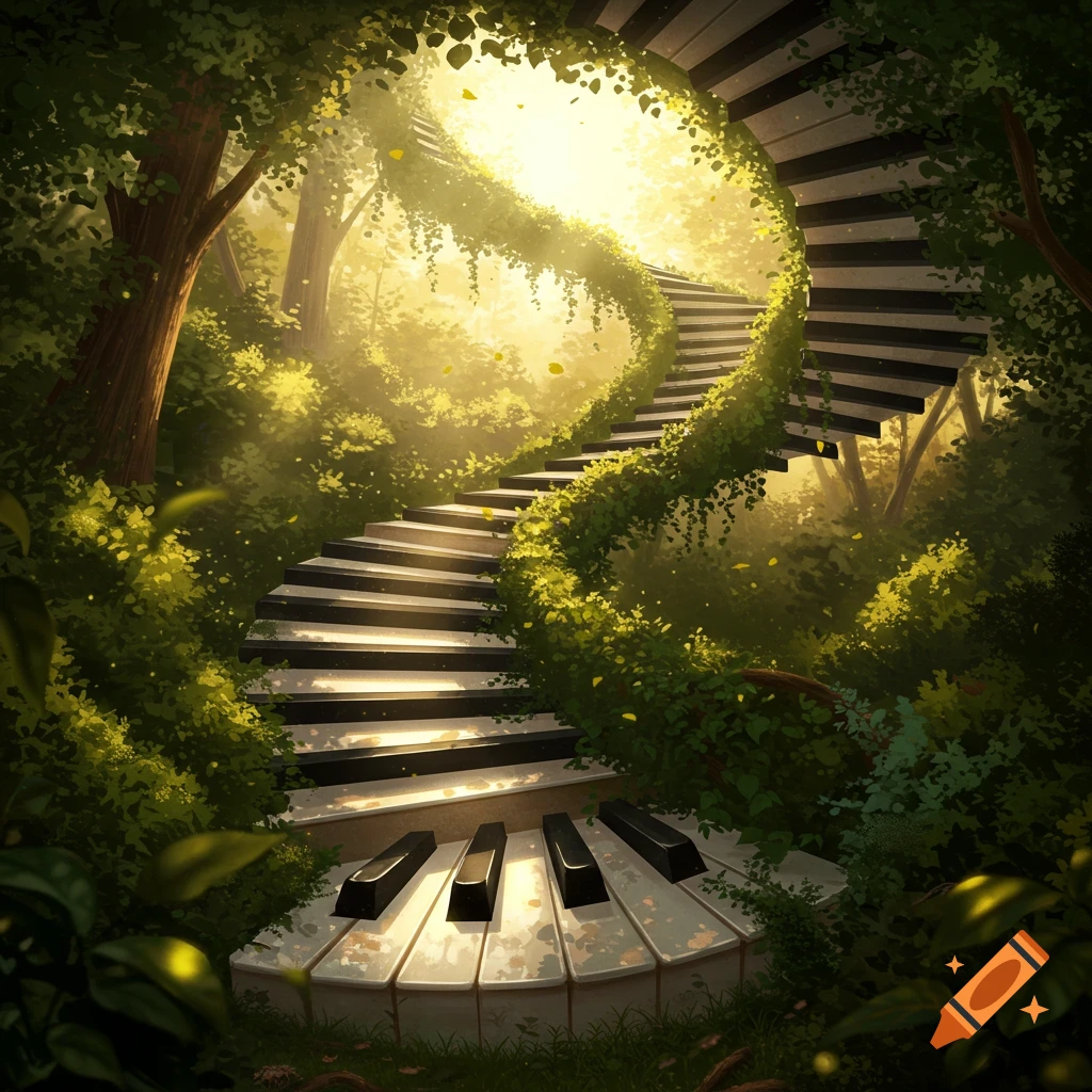 A magical staircase made of piano keys winds up through a lush, sun-dappled fantasy forest.
