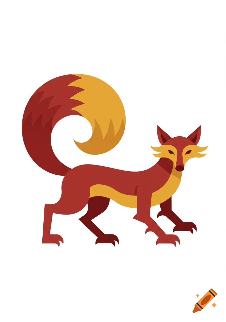 A stylized, reddish-brown fox-like creature with a curled, two-toned tail and large ears, in a flat illustration.