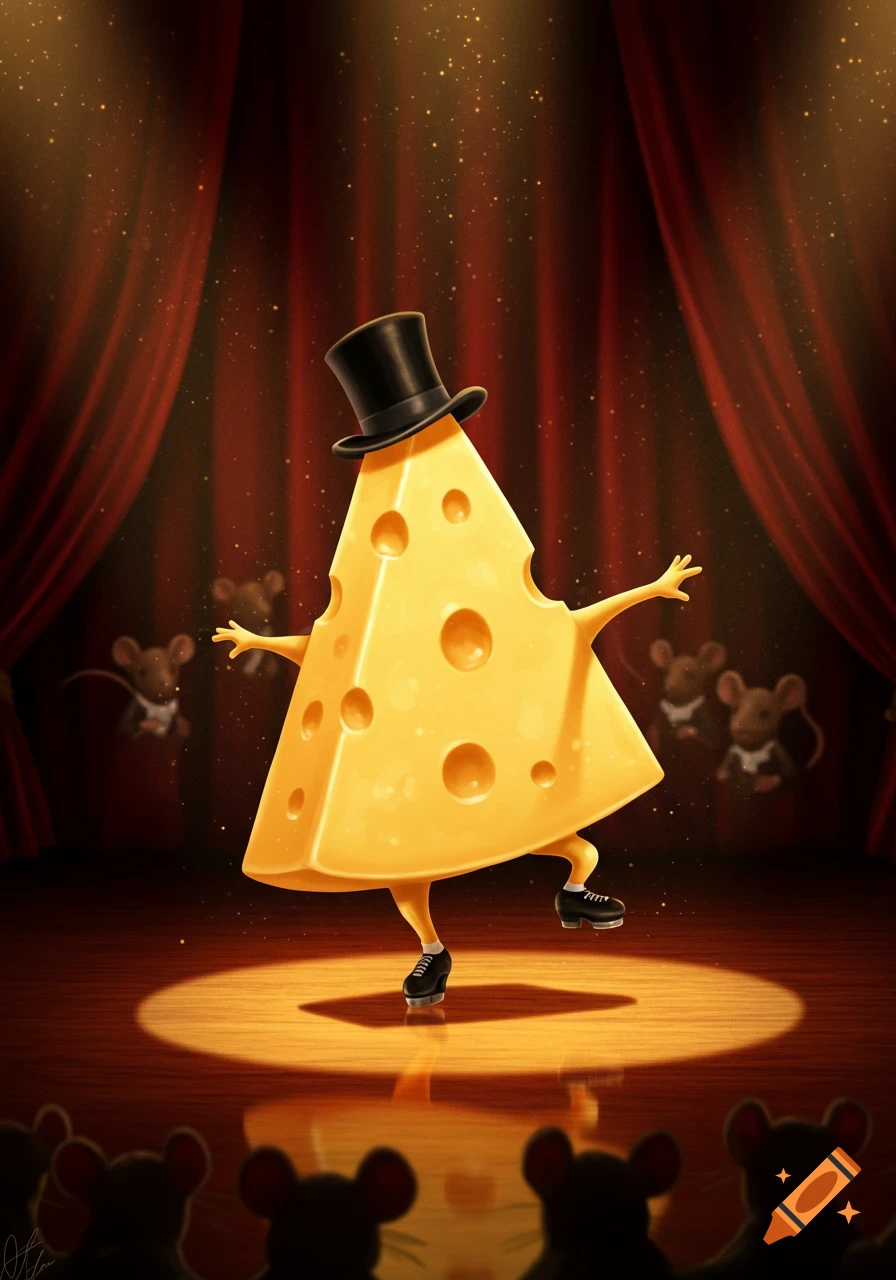 A cartoon cheese wedge wearing a top hat tap dances on a spotlighted stage, watched by a mouse audience.