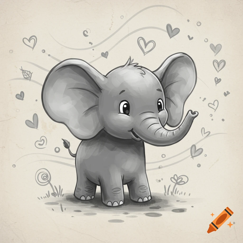 Cute grayscale cartoon baby elephant standing amidst hearts and swirls on a light background.