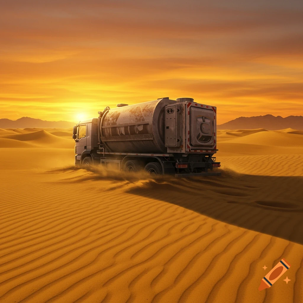 A rusty tanker truck kicks up sand as it drives through vast desert dunes under a fiery orange sunset.