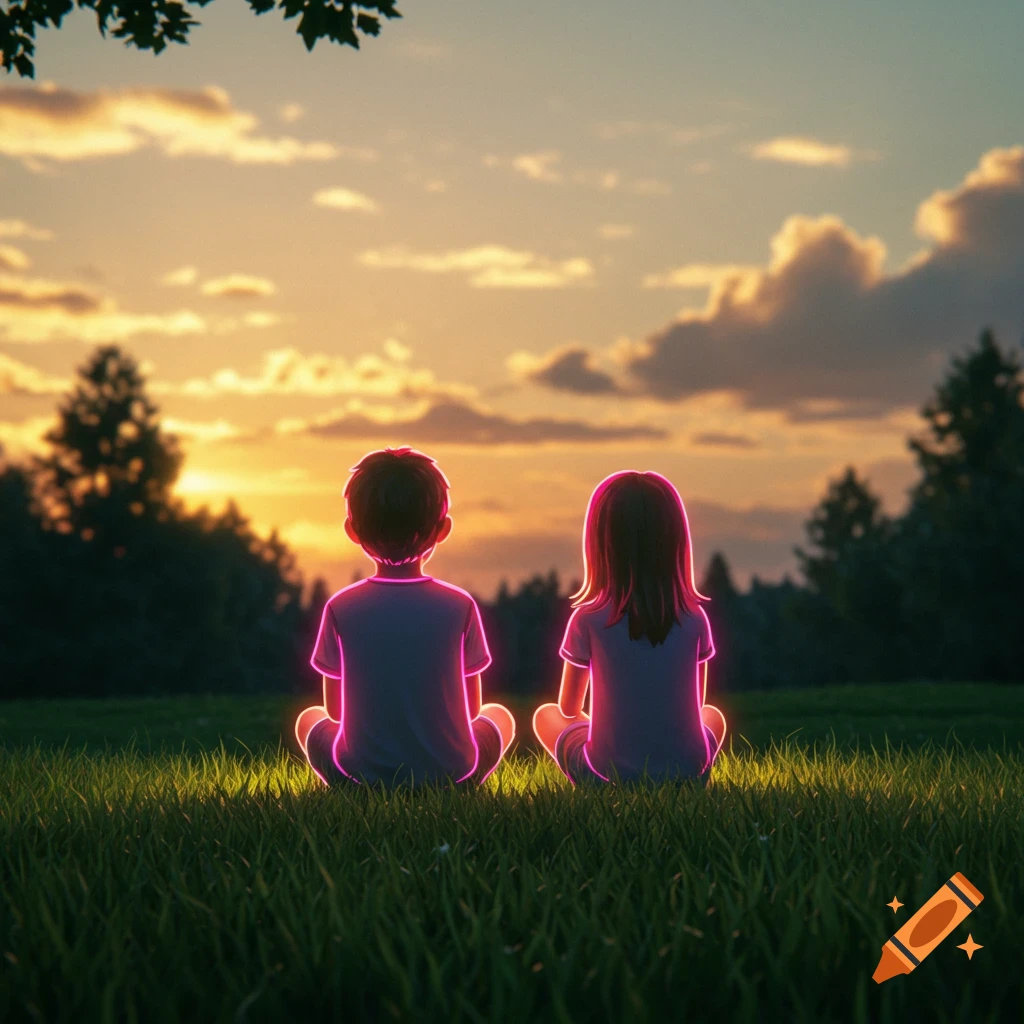 Stylized image of two children sitting in grass, viewed from behind, silhouetted against a vibrant sunset sky, with neon-like outlines.