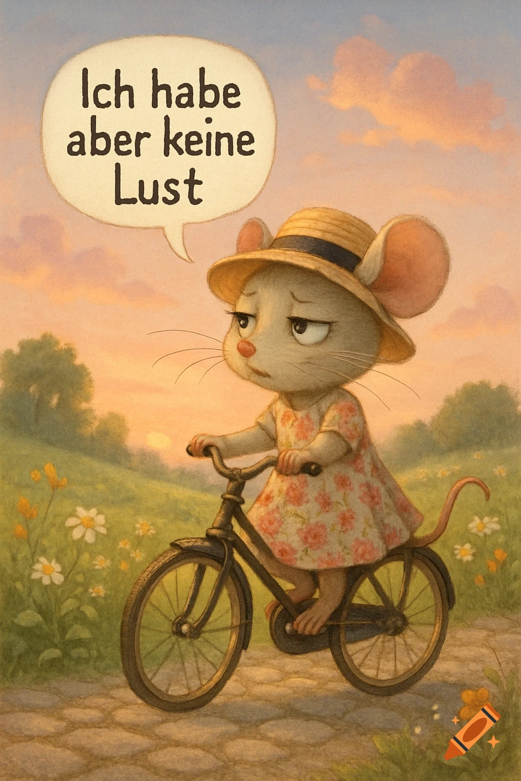 Sad cartoon mouse in straw hat and floral dress rides a bike through a sunny field, text reads 'Ich habe aber keine Lust'.