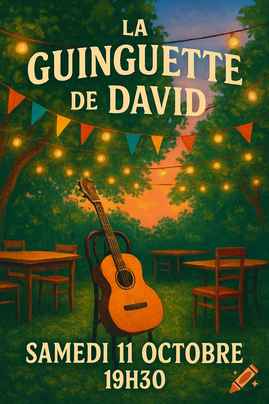 A poster for 'La Guinguette de David' showing an acoustic guitar on a chair in a garden with string lights, tables, and chairs, with text 'Samedi 11 Octobre 19H30'. Stylized illustration.