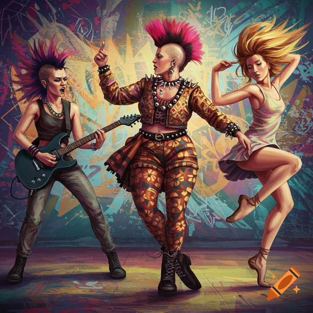 A modern painting depicts three diverse women in a punk style against a graffiti background. One plays an electric guitar, another with a pink mohawk dances, and a blonde woman also dances gracefully.