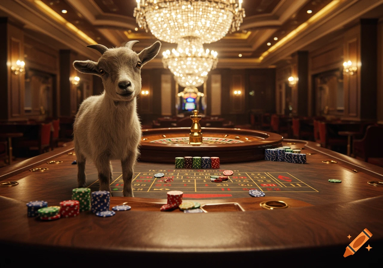 A photorealistic goat stands on a roulette table in a luxurious casino hall.