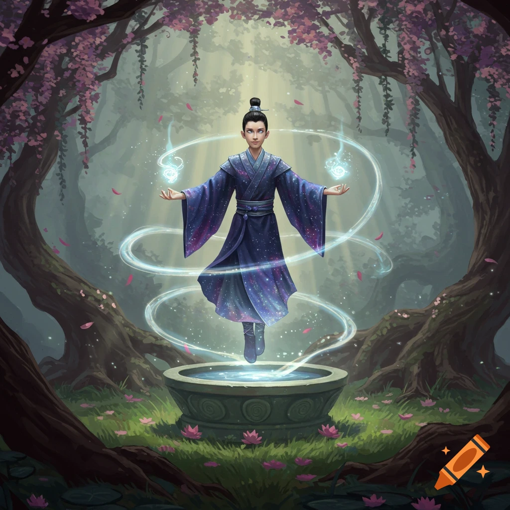 An illustrated boy levitates, glowing with magic above a stone basin in an enchanted forest with pink cherry blossoms.