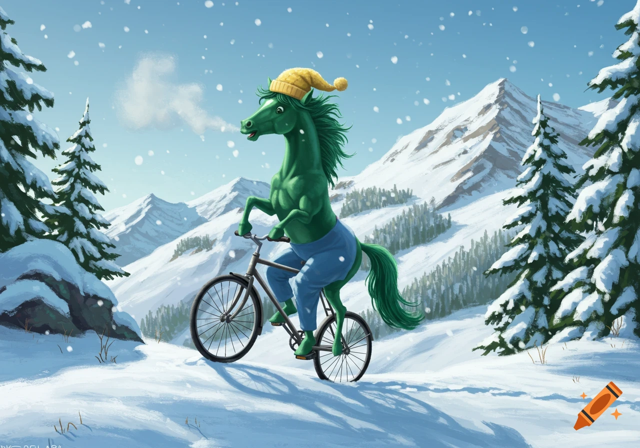 A green horse wearing blue pants and a yellow hat rides a bicycle through a snowy mountain landscape in a cartoon style.