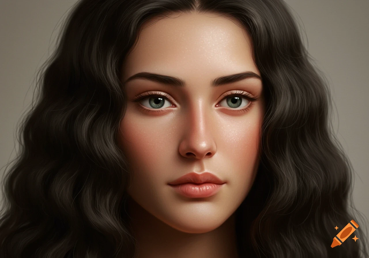 Close-up realistic portrait of a woman with long dark wavy hair, radiant skin, and deep green eyes against a neutral background.