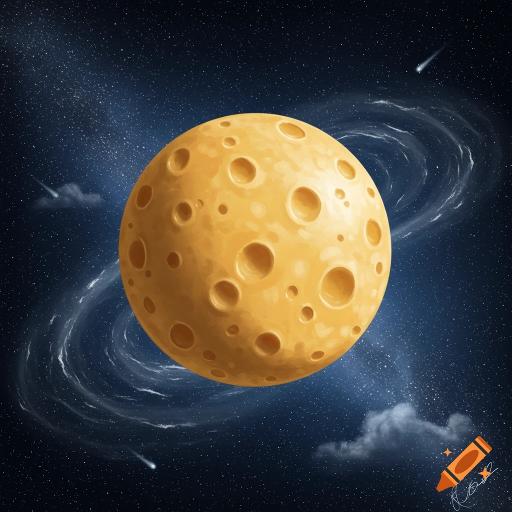 Cartoon illustration of a bright yellow cheese moon with many holes floating in a dark blue starry space with nebulae and shooting stars.