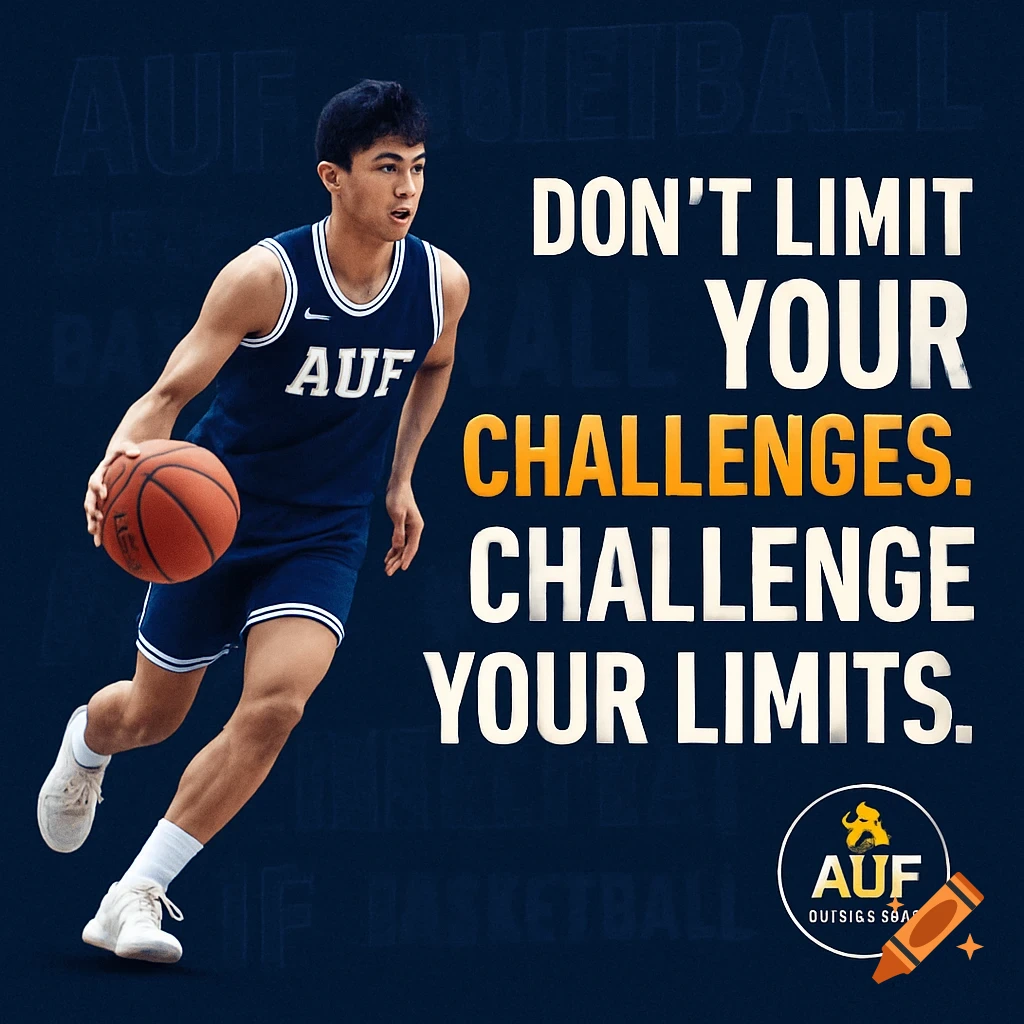 A dynamic basketball player in a navy uniform dribbling, alongside a motivational quote "DON'T LIMIT YOUR CHALLENGES. CHALLENGE YOUR LIMITS."