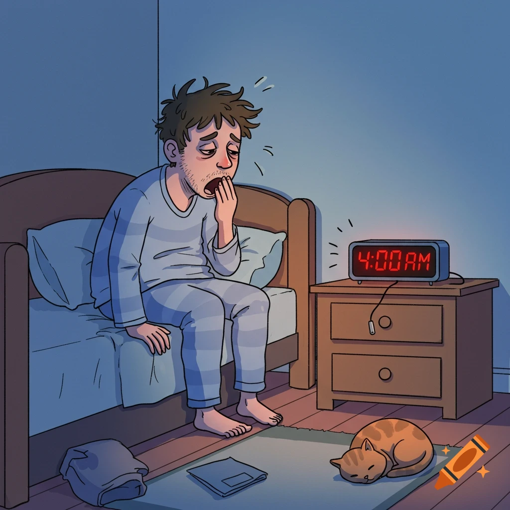 A cartoon man in blue pajamas yawns tiredly on the edge of his bed at 4 AM, with a sleeping ginger cat on the floor.