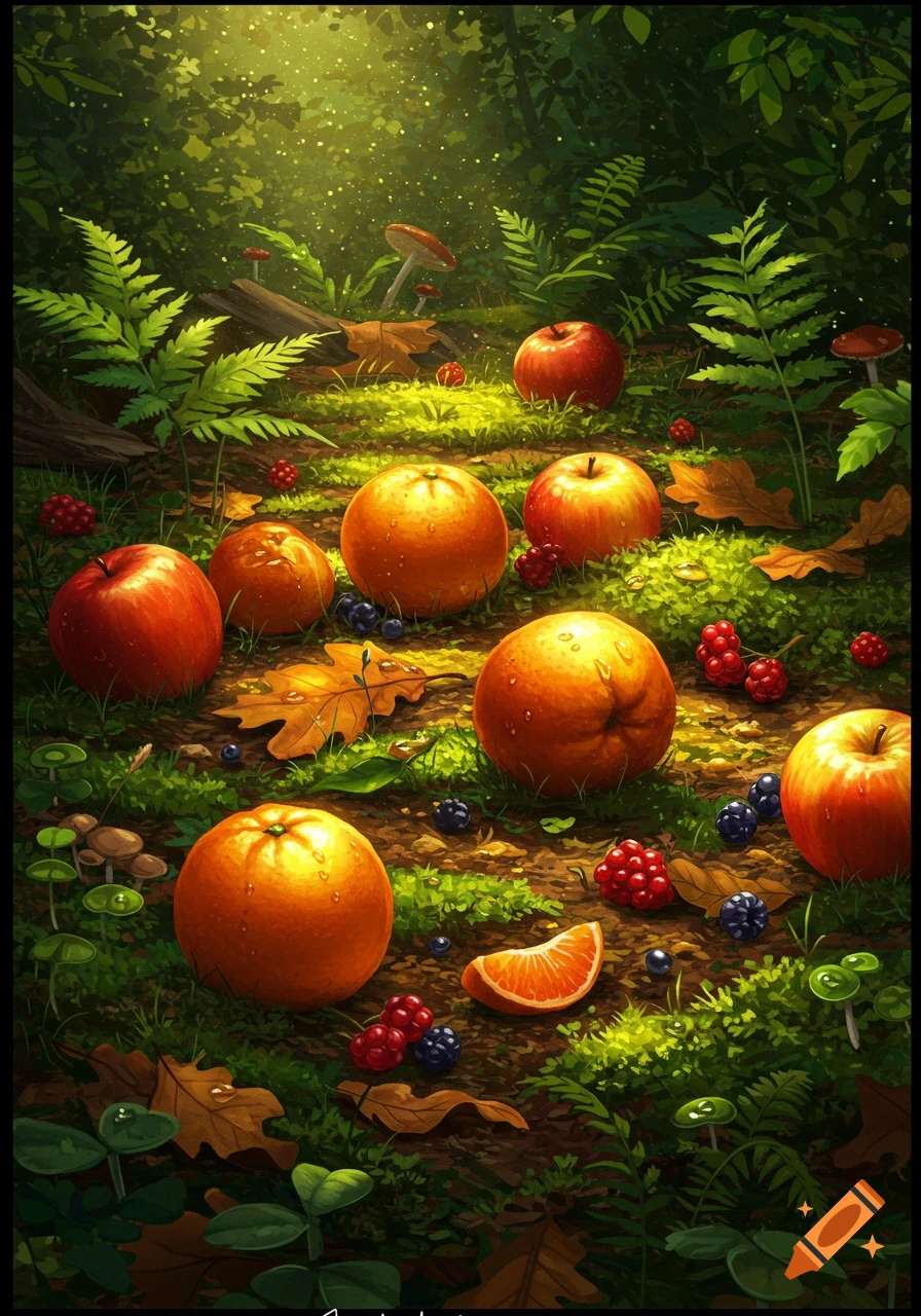 Vibrant illustration of apples, oranges, and berries scattered on a mossy forest floor, with sunlight filtering through trees.